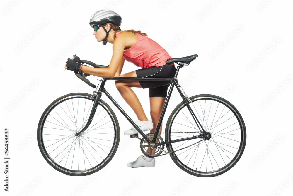 Obraz premium female professional cycling athlete posing with racing bike.mode