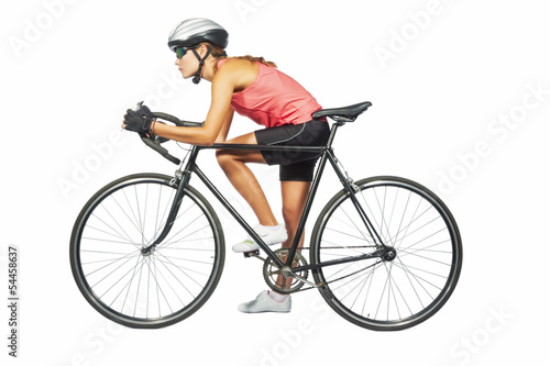 female professional cycling athlete posing with racing bike.mode