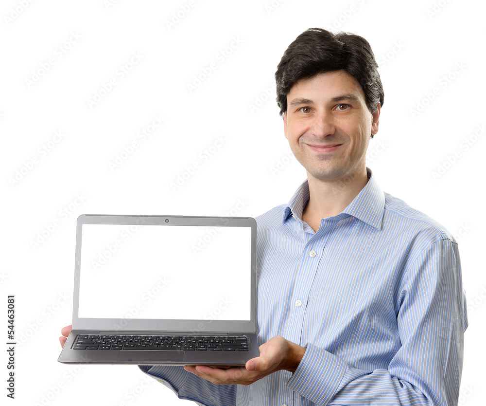 businessman showing his laptop with blank screen businessman showing his laptop with blank screen