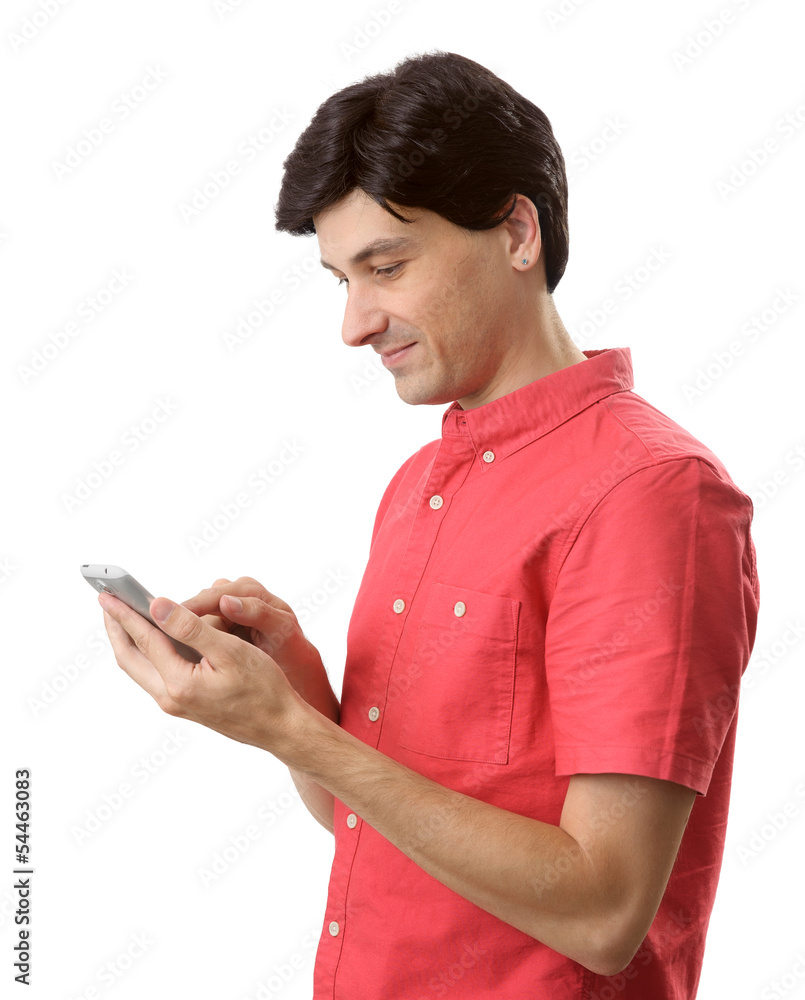 Man reading a text message on mobile phone. Man reading a text message on mobile phone.