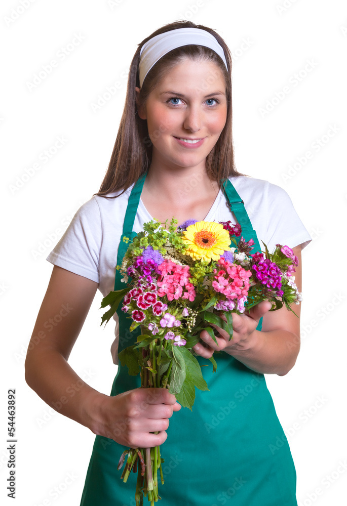Freundliche Floristin mit buntem Blumenstrauss Freundliche Floristin mit buntem Blumenstrauss