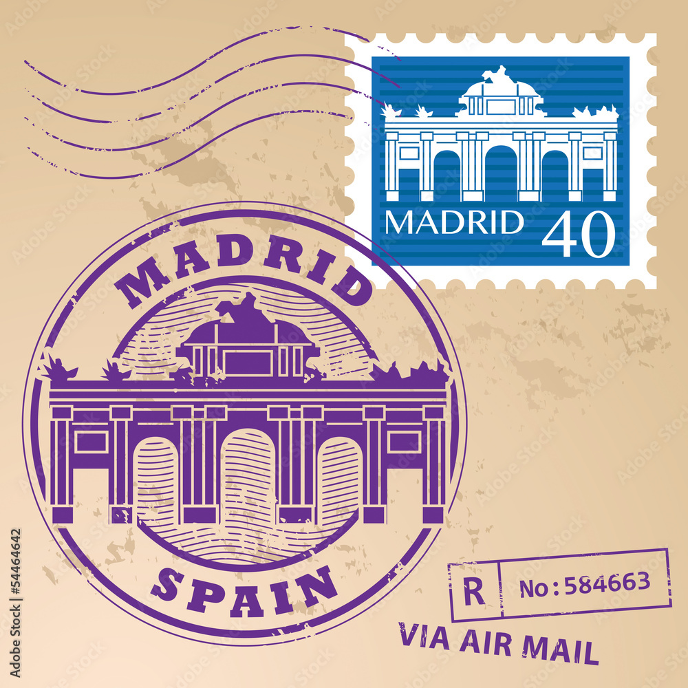 Obraz premium Zestaw znaczków z napisem „Madryt, Hiszpania” w środku, ilustracja wektorowa