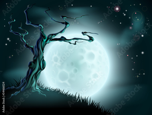 Blue Halloween Moon Tree Background