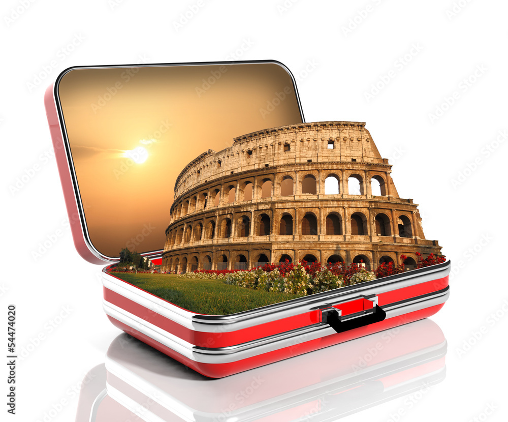 Fototapeta premium The Colosseum of Rome in a travel suitcase