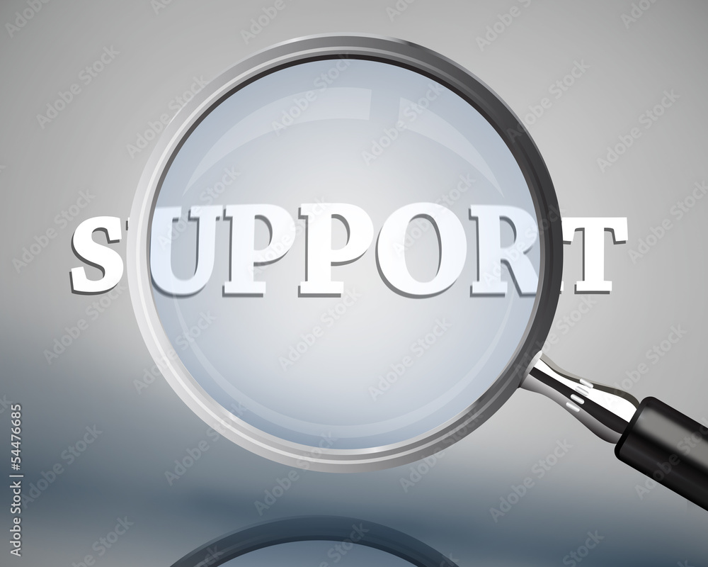Magnifying glass showing support word in white Magnifying glass showing support word in white