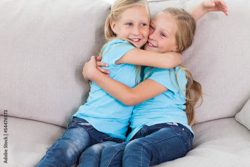 Young twins embracing each other sitting on a couch Young twins embracing each other sitting on a couch