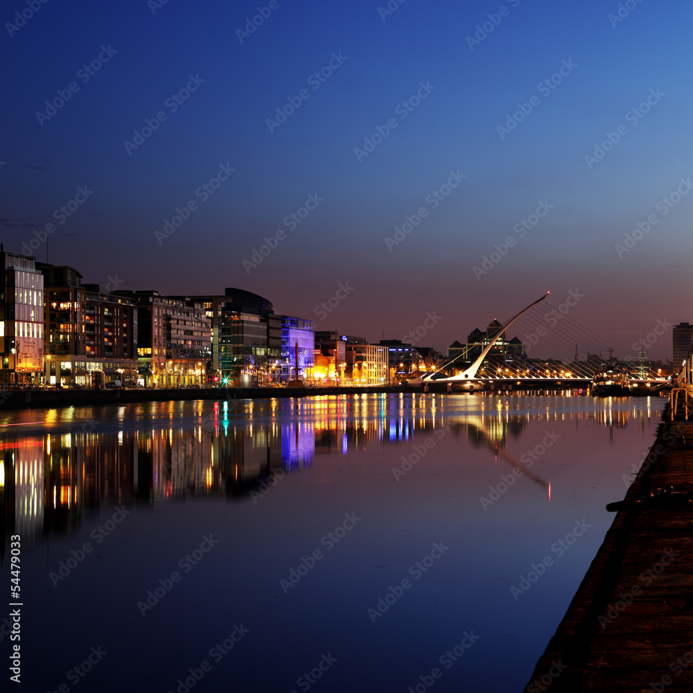 South bank of the river Liffey at Dublin City Center at night