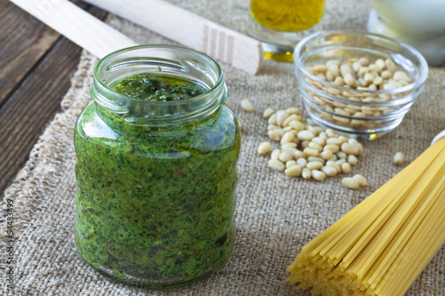 Pesto sauce and ingredients for pasta pesto