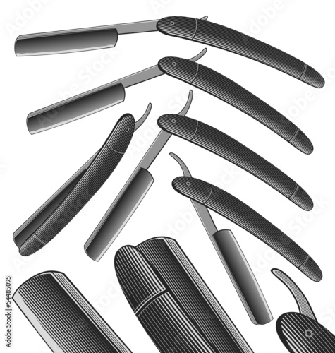 Razor with open and closed blades in engraved style