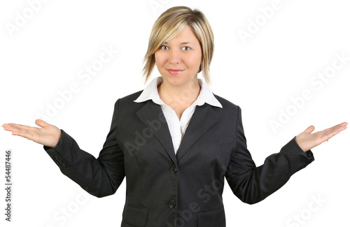 Beautiful happy business woman or teacher in suit with hands out