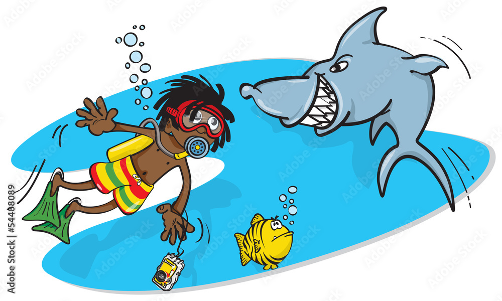 Fototapeta premium Scuba Diver and Shark Cartoon Illustration