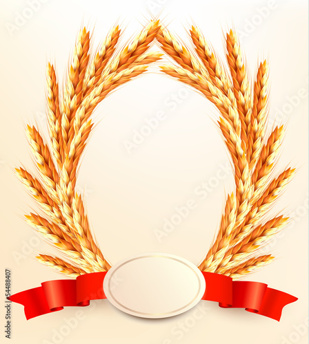 Ripe yellow wheat ears with red ribbons. Vector background