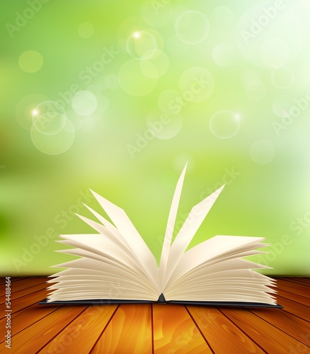 Open book on a wooden floor in front of a green background. Vect