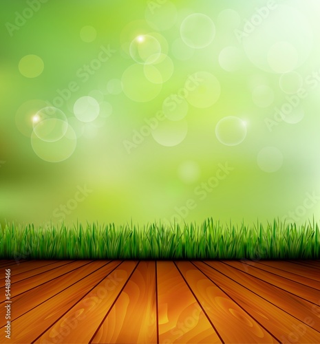 Background with wood and grass. Vector.