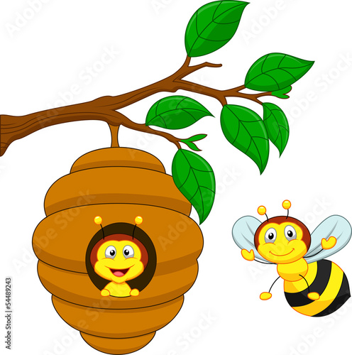 Illustration of a honey bee and comb