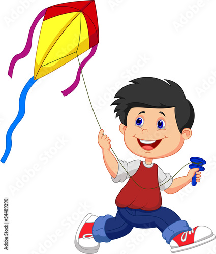 Cartoon boy playing kite
