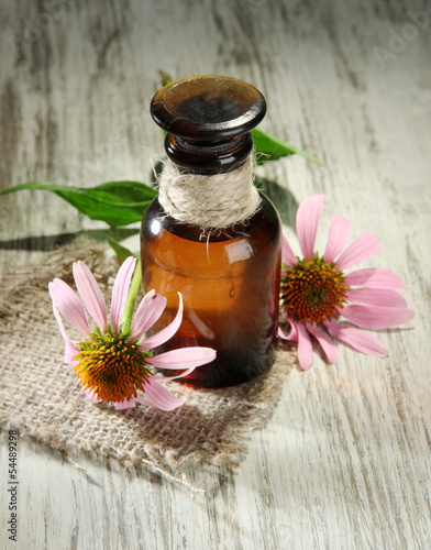 Fototapeta Naklejka Na Ścianę i Meble -  Medicine bottle with purple echinacea flowers on wooden table