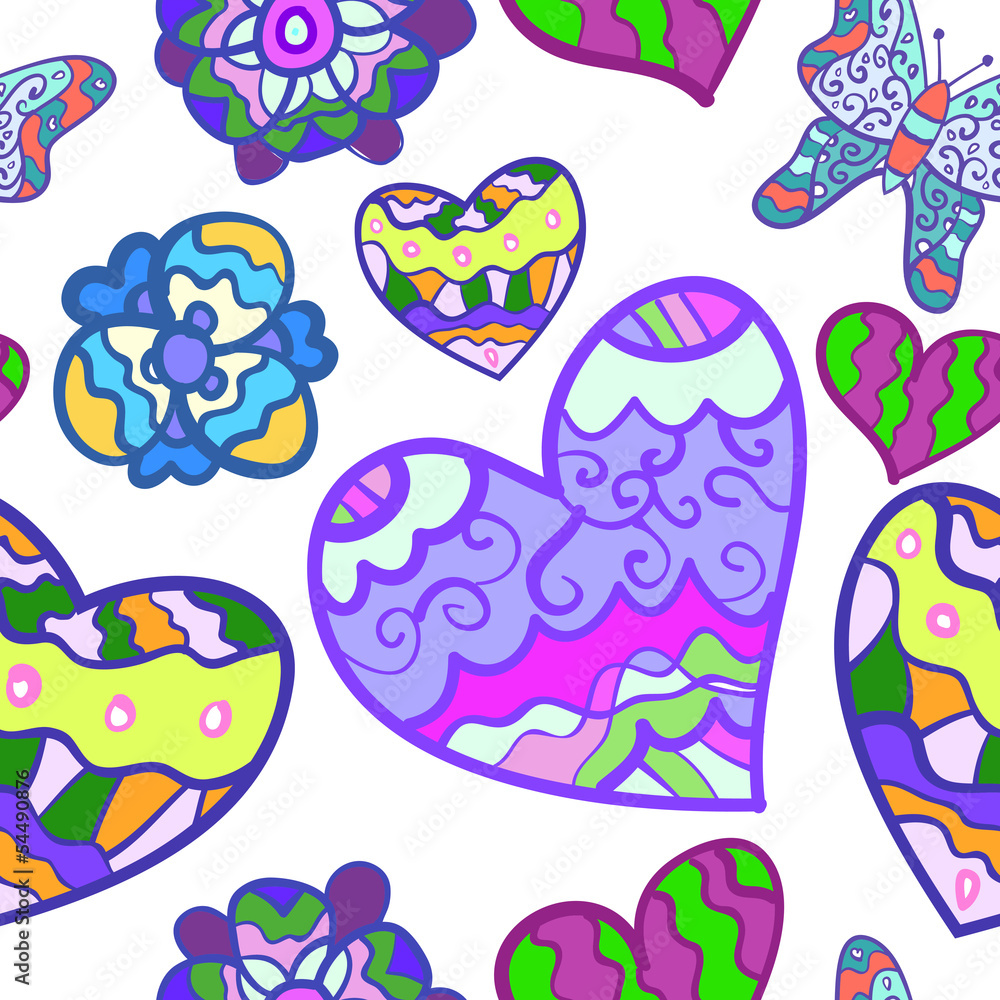 Funny seamless background with heart, butterfly and flower Funny seamless background with heart, butterfly and flower