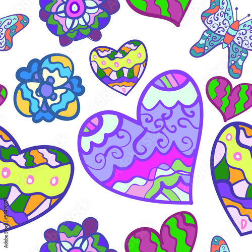 Funny seamless background with heart, butterfly and flower