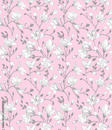 Seamless pink pattern with a blossoming magnolia