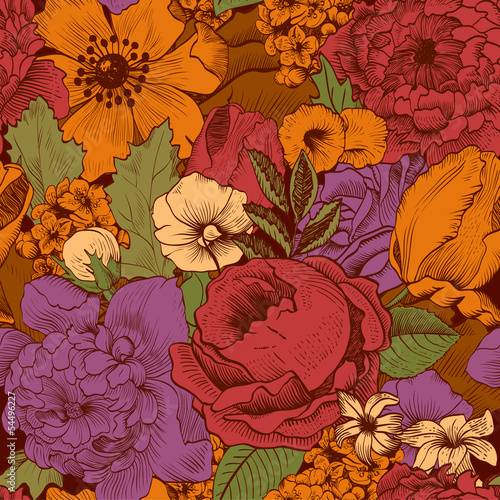 Seamless vintage pattern with lush colorful flowers