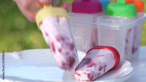 plate with homemade popsicles in the garden.