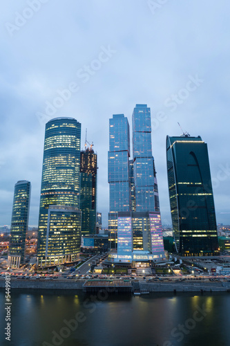 Cityscape of skyscrapers of Moscow City in evening photo