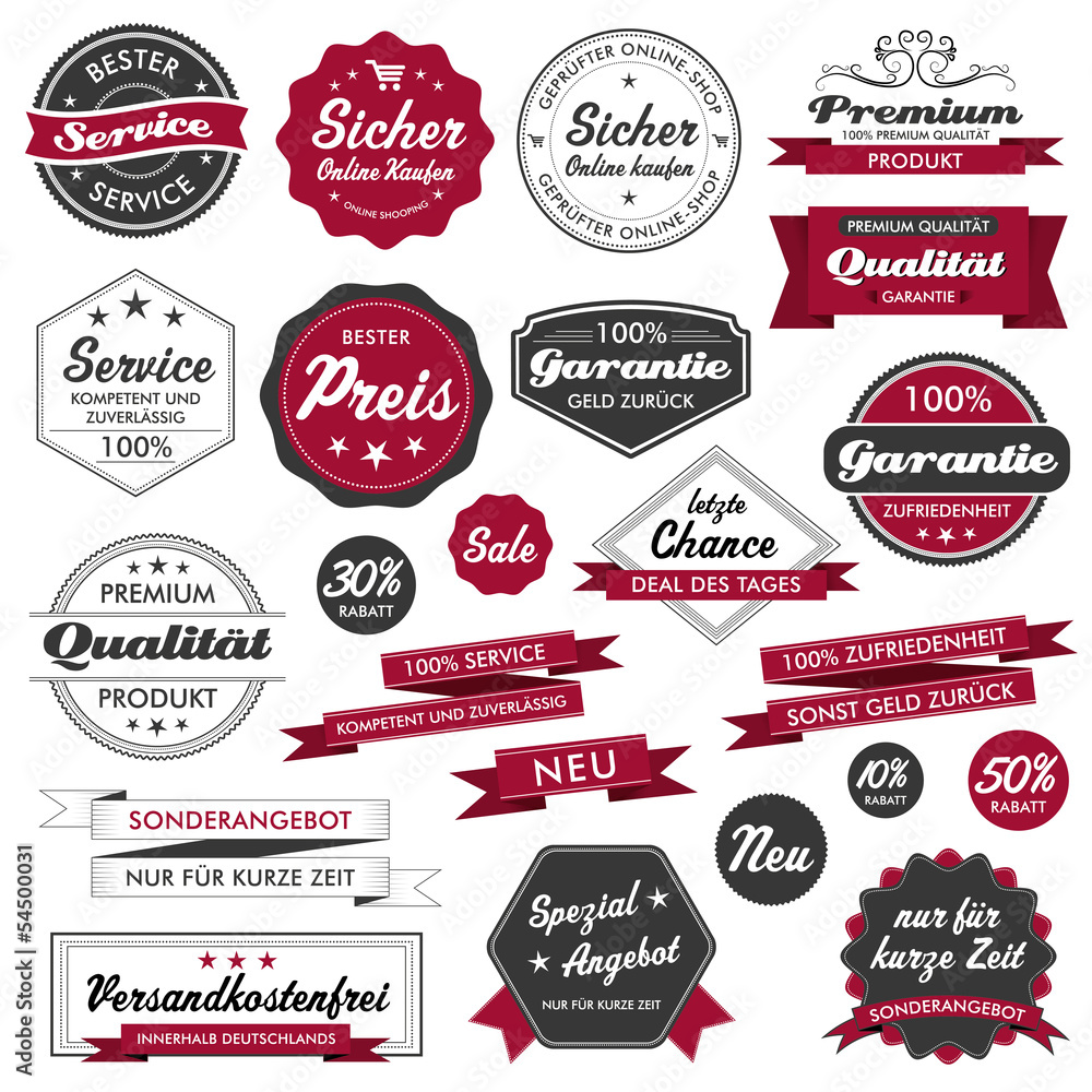 Fototapeta premium Button Siegel Premium Set Angebot Sale Service Qualität Logo rot