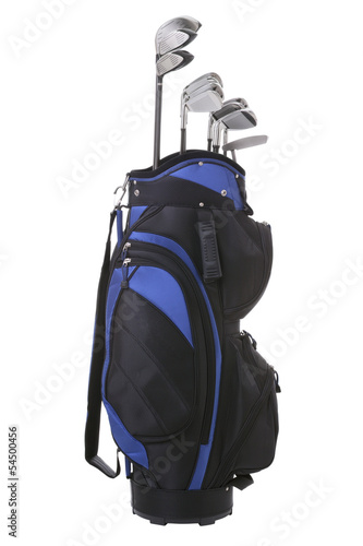 Blue and black golf bag isolated on white background