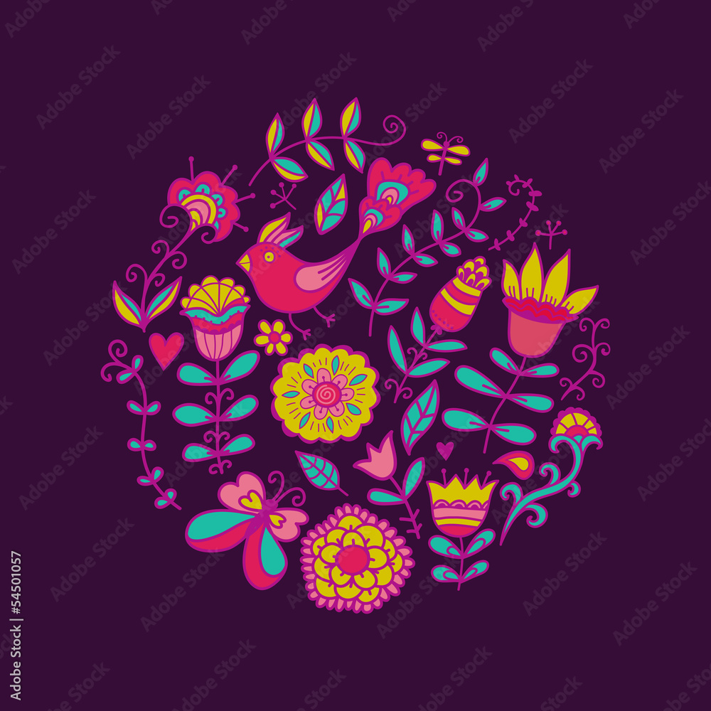 Obraz premium Vector illustration of circle made of flowers and birds. Round s