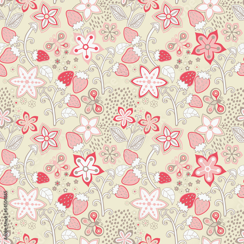 Floral Seamless Texture with a Strawberry