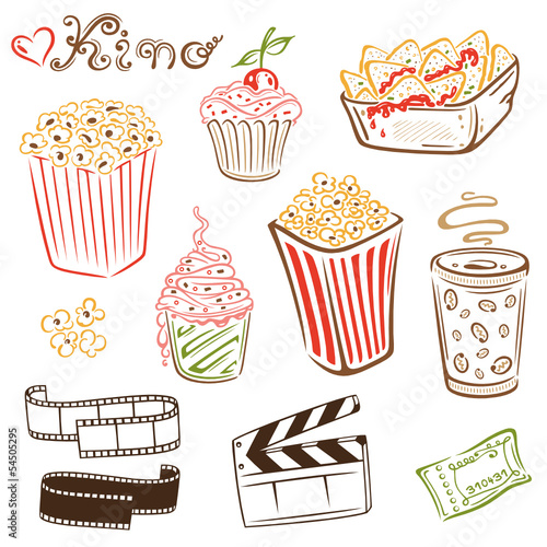 Kino Utensilien und fast food. Film, Vektor Set.
