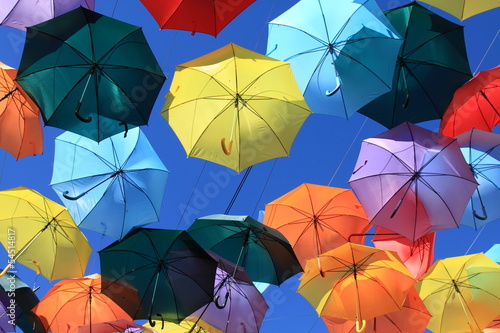 Street decorated with colored umbrellas, Madrid, Getafe, Spain