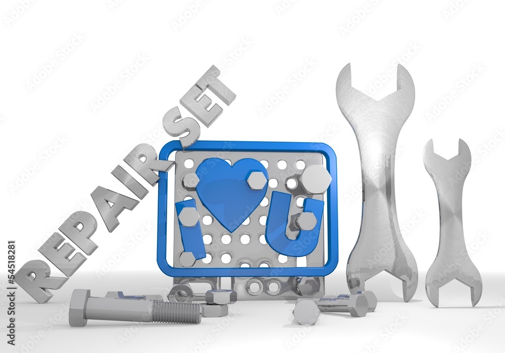 3d graphic of a mechanical I love you symbol repair set