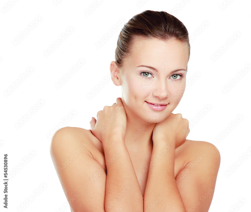 A beautiful woman touching her neck, portrait A beautiful woman touching her neck, portrait