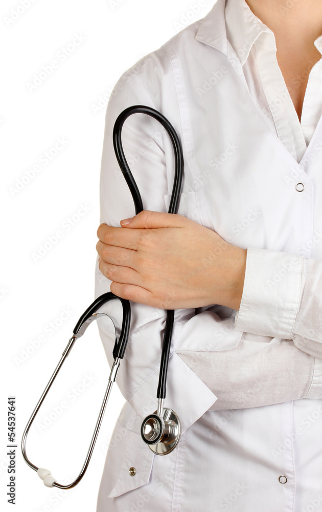 Doctor with stethoscope in hands isolated on white Doctor with stethoscope in hands isolated on white