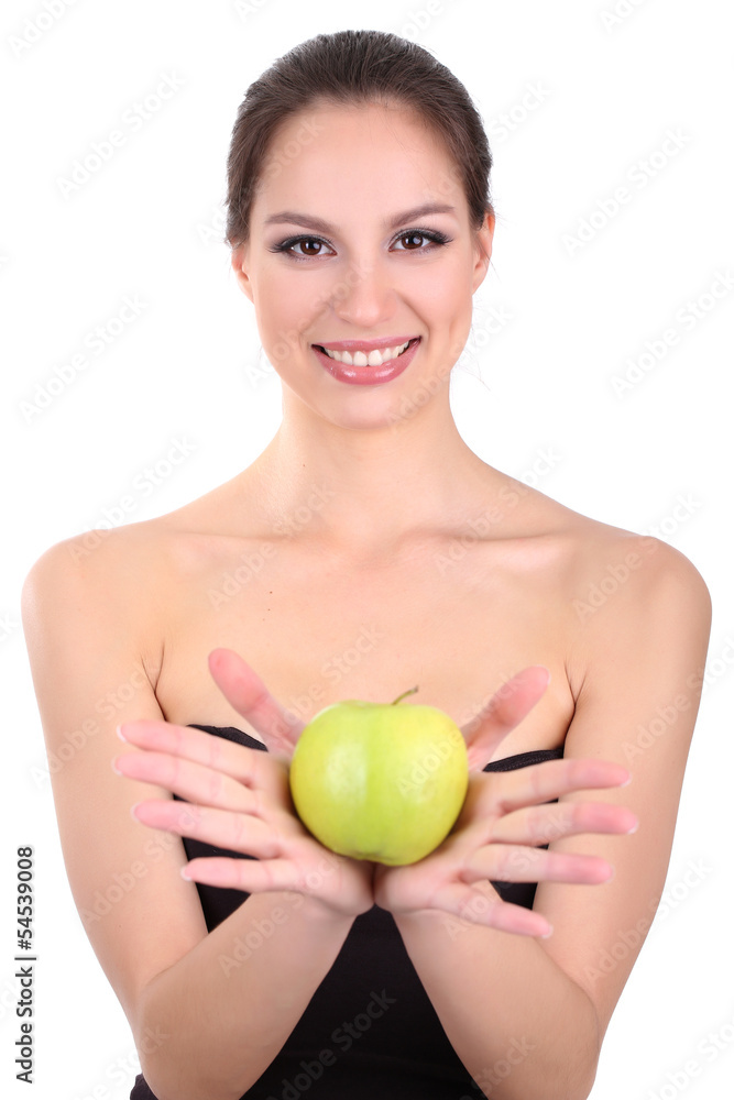 Smiling woman with apple isolated on white Smiling woman with apple isolated on white