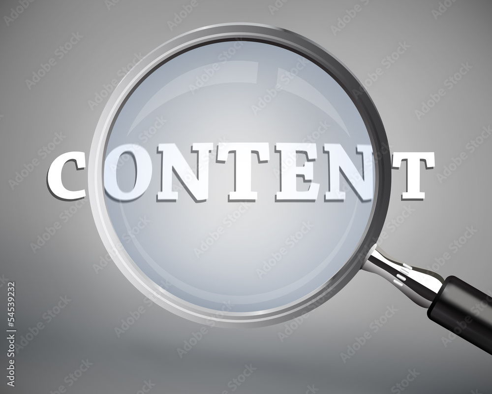 Magnifying glass showing content word in white Magnifying glass showing content word in white
