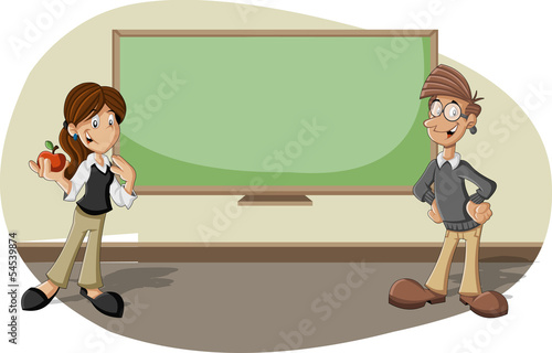 Cartoon teachers in the classroom with blackboard