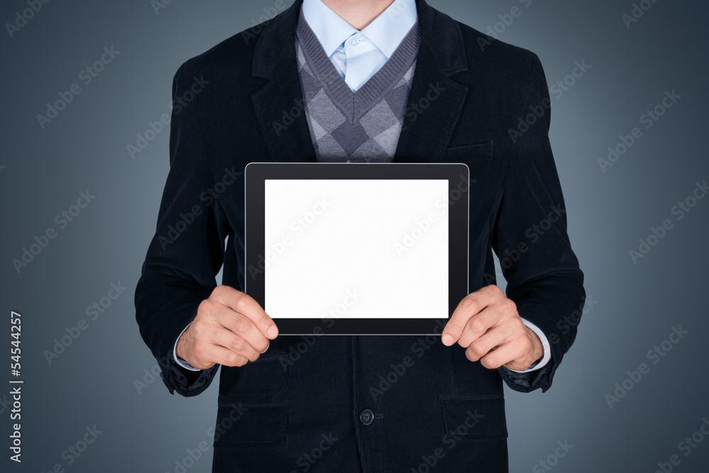 Business person showing blank digital tablet Business person showing blank digital tablet