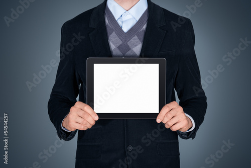 Business person showing blank digital tablet