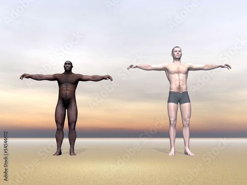 Modern human and homo erectus - 3D render photo