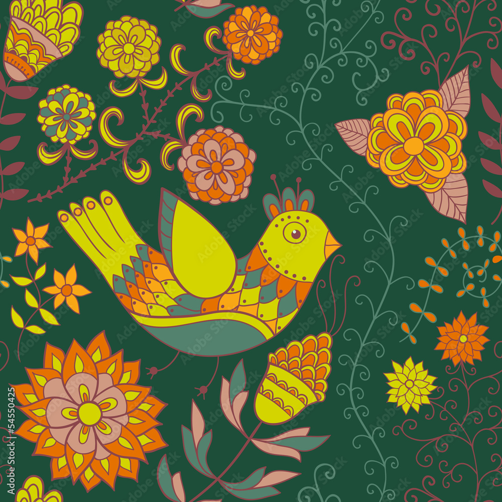 Obraz premium Seamless texture with flowers, birds and butterflies. Seamless p