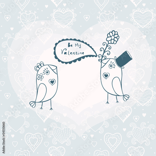 Beautiful birds in love.Illustration of cartoon birds on branch,