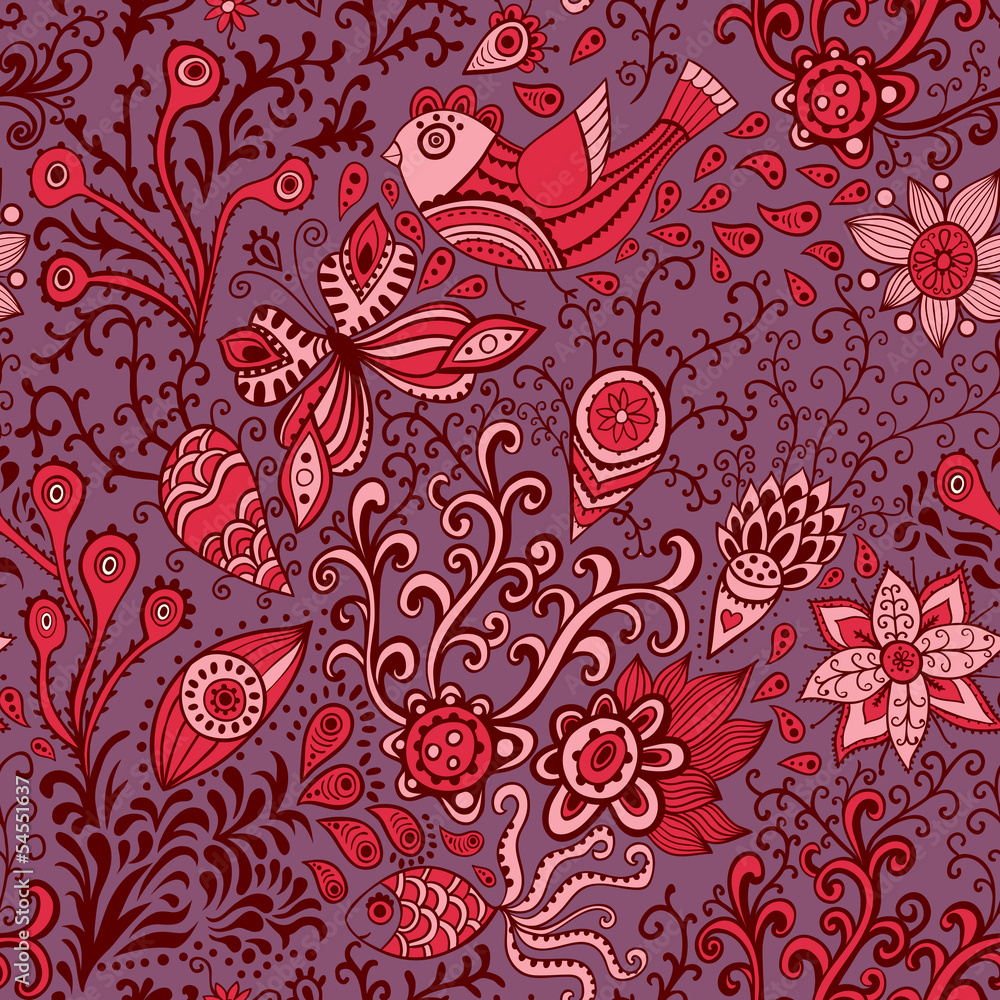 Fototapeta premium Seamless texture with flowers, birds and butterflies. Seamless p