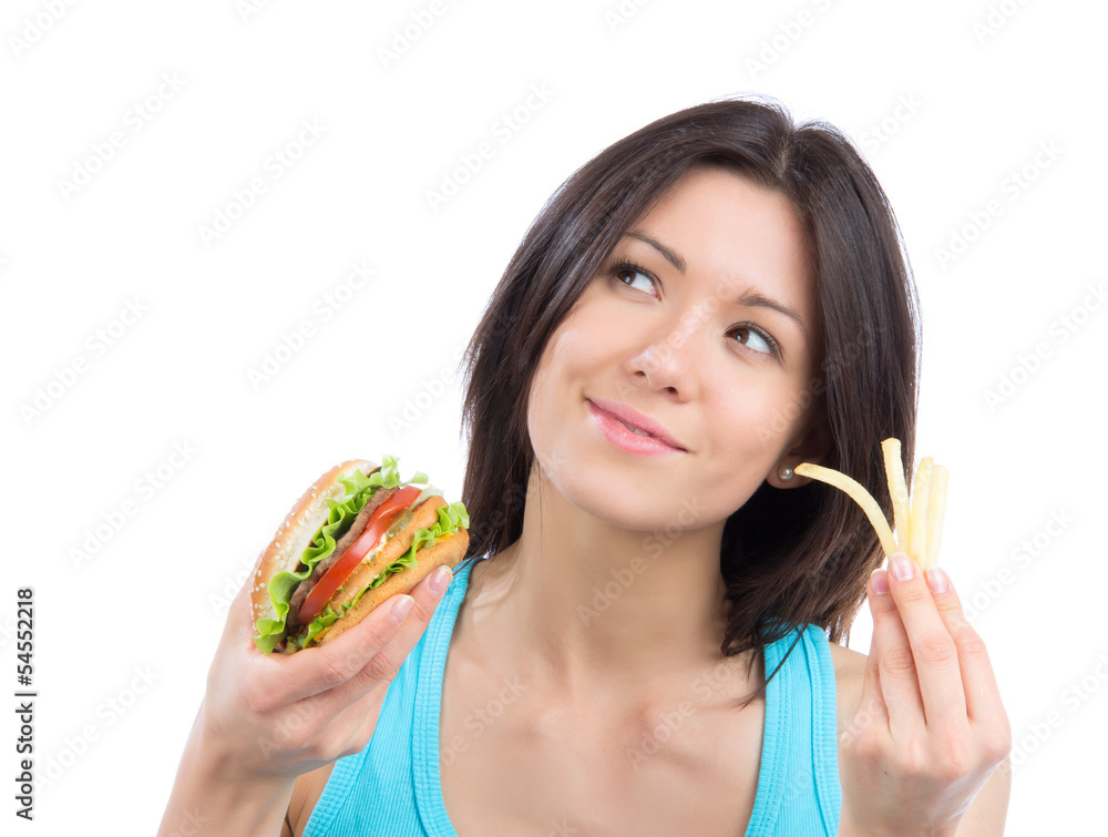 woman with tasty fast food unhealthy burger woman with tasty fast food unhealthy burger