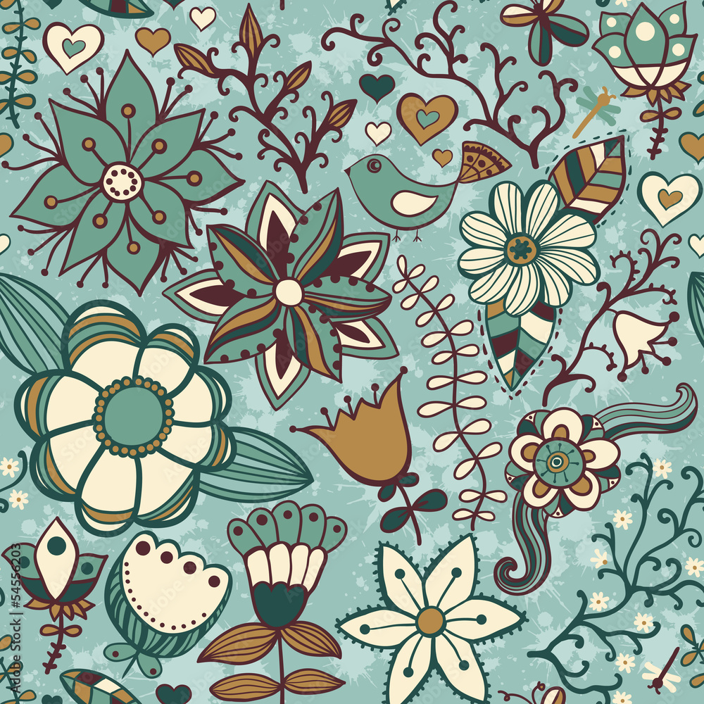 Seamless texture with flowers, birds and butterflies. Seamless p