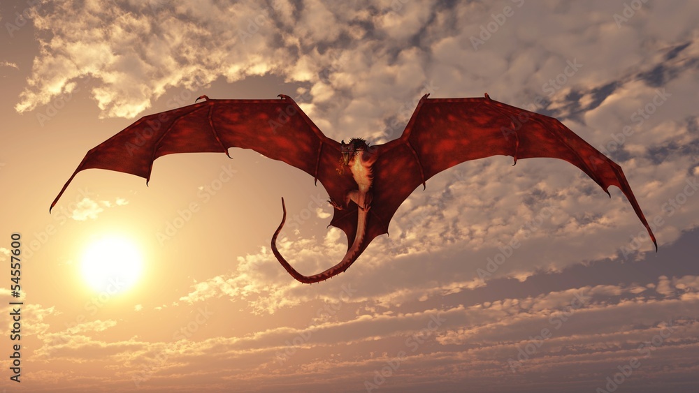 Obraz premium Czerwony smok atakujący z Sunset Sky