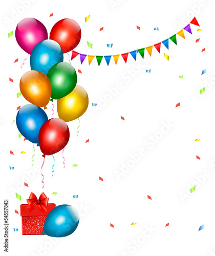 Holiday background with colorful balloons and gift boxes