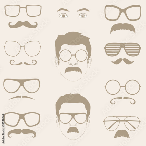 front profile faces with Mustaches, sunglasses, eyeglass